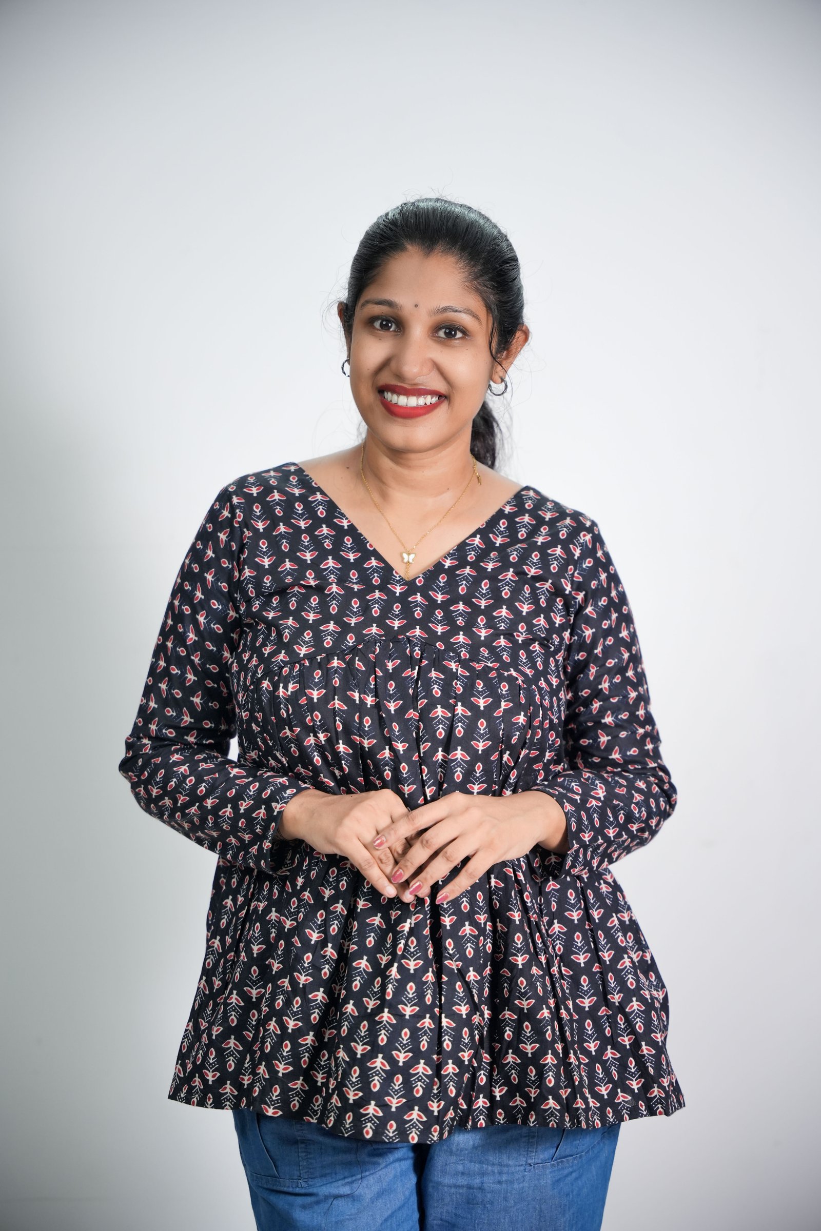 Womens Ethnic Block Print Black Cotton Short Kurti Top